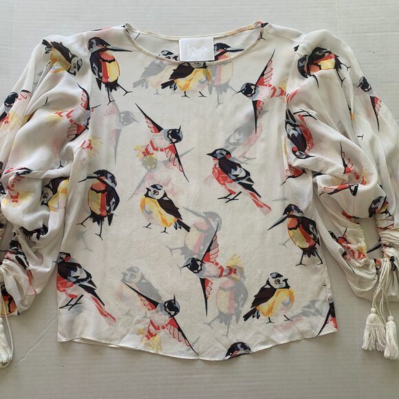 LOVE BINETTI Womens Sz L Geometric bird print Blouse 100% silk - Picture 10 of 14
